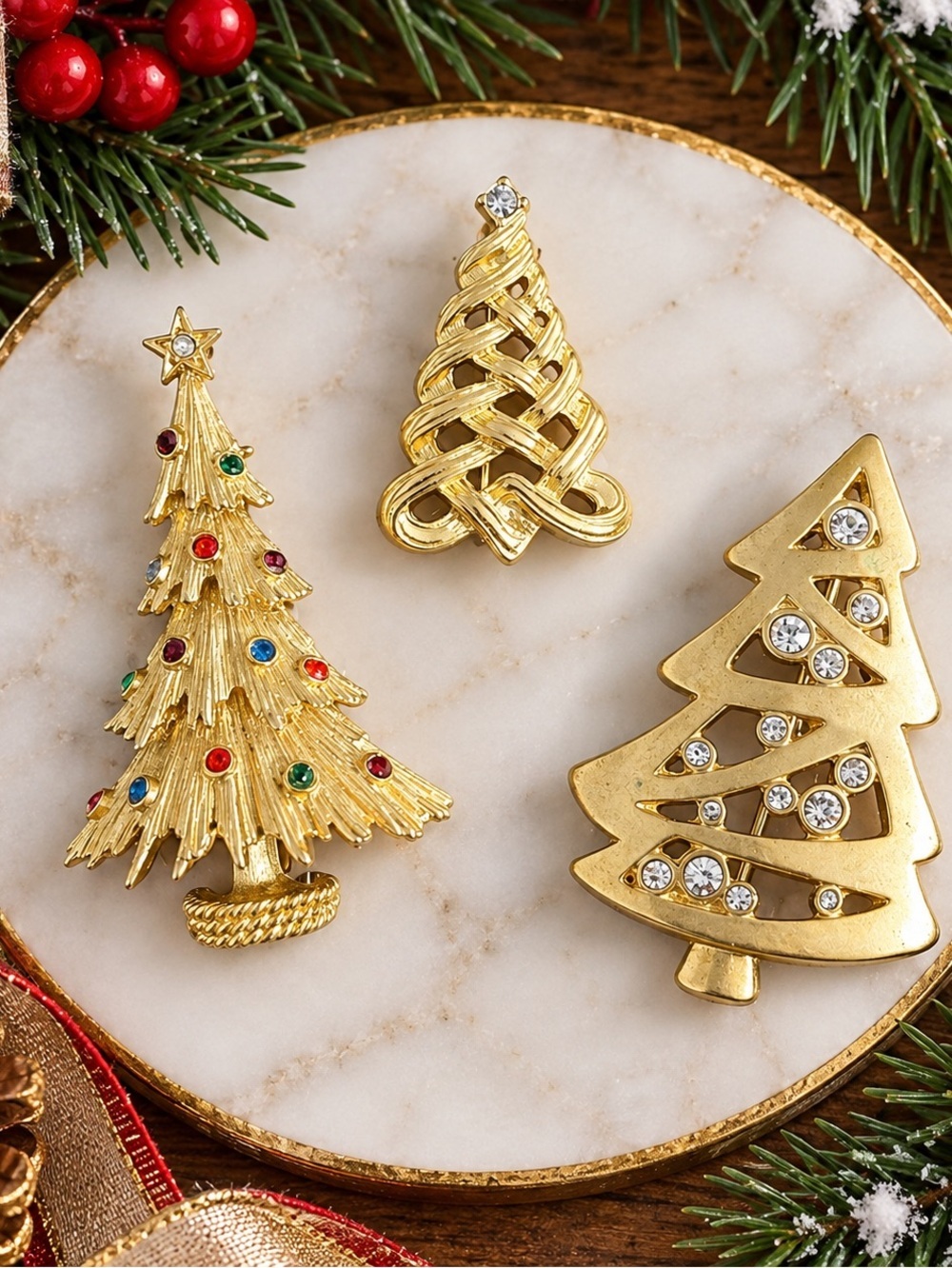 Gold Christmas Tree Brooch Set of 3 Rhinestone Holiday Pins
